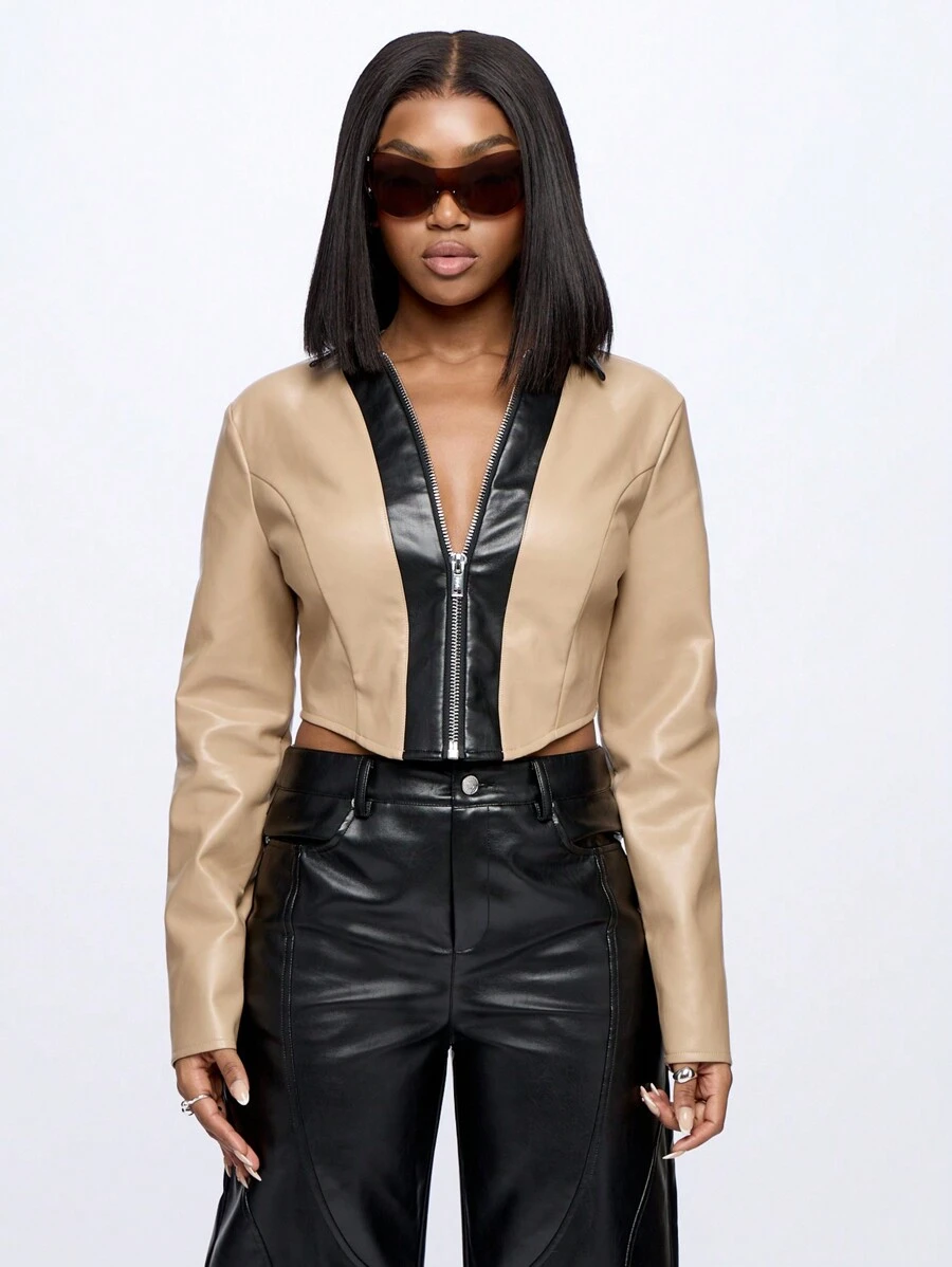 SUMWON WOMEN Elegant Two-Tone Faux Leather Cropped Zip-Front