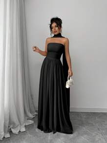 Elenzga Vestido largo de mujer con cuello halter fruncido de unicolor, elegante y de moda