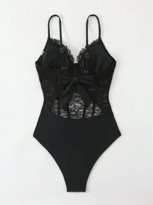 女士黑色蕾丝性感支撑连体泳衣（带骨），夏季 - 黑色 - 查看 4