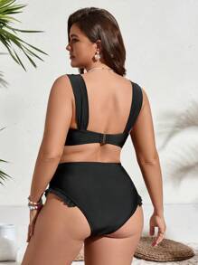 SHEIN Swim Curve Plus Size Cute Black Frill Trim Swimwear Set Summer - Black - View 2