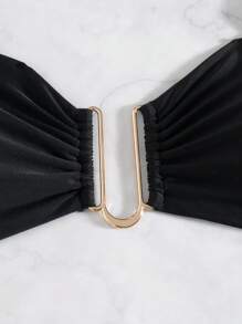 Women's Solid Color Pearl Strap Metal Buckle Backless Tie Bikini Set, Beach Outfits For Summer Beach Vacation