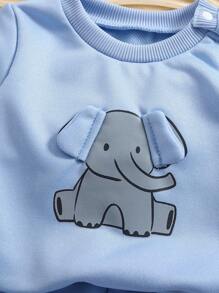 SHEIN Playful Pals 新生兒淺藍色秋季可愛家庭套裝卡通大象印花3D耳朵圓領長袖連帽衫 & 長褲套裝百搭休閒穿搭 - 藍色 - 查看 5