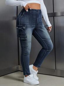 SHEIN ICON Quần Jeans Denim Thường Ngày Có Túi Cài Nút Phía Trước Cỡ Lớn Trang Trí Hình Bướm - Rửa tối - Xem 4