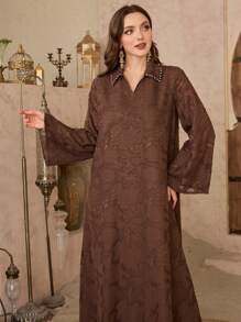 Al Najma Women's Rhinestone Decor Long Sleeve Casual Long Dress,Modest - Khaki - View 5