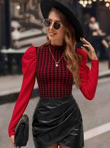 SHEIN Clasi 女式优雅现代复古千鸟格拼布白色主教袖百搭长袖 T 恤，秋冬 - 紅色 - 查看 6