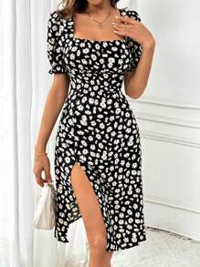 SHEIN Tall Damska elegancka sukienka z kwadratowym dekoltem i kwiatowym rozcięciem i krótkim rękawem - Czarne - Zobacz 4