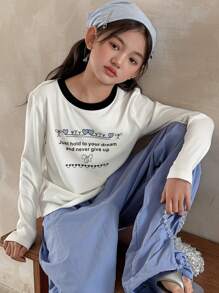 DAZY 青少年女孩休闲圆领长袖标语和心形印花 T 恤，秋季，返校服装 - 白色 - 查看 5