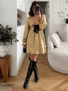 SHEIN Frenchy Vestido largo de manga larga con Body de unicolor y lazo grande en la parte delantera, vestido de fiesta de colores dorados, vestido corto, conjunto de Año Nuevo para mujer, vestido de fiesta, vestido formal, conjunto de Año Nuevo, conjunto de vacaciones, vestidos de Año Nuevo, vestido de lentejuelas, vestido con lazo
