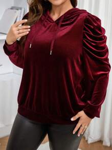 SHEIN LUNE Plus Size SHEINLUNE Burgundy Velvet Princess Sleeve Sweatshirt, Valentine, Love/Lover, Spring,Easter
