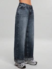 CASUAL LOW RISE WIDE LEG FOLDED UP HEM JEANS - Dark Wash - View 8
