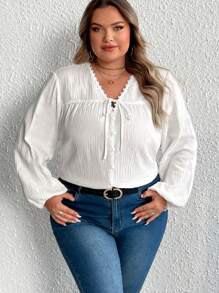 SHEIN CURVE+ FIT+ Women's White V-Neck Ruffle Casual Elegant Office Shirt Fall Cloth For Women