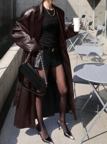 DAZY Women Long Solid Color Leather Jacket Regular Fit Coat,Fall Women Clothes - Brown - View 2