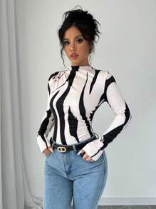 Selianne Camiseta de mujer de cuello alto con un hombro, con pliegues elásticos y cintura fruncida, Camiseta gráfica de otoño para mujer - Multicolor - Ver 4