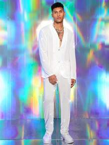 FeverCity Men's Front Button Long Sleeve Simple Top And Trousers Suit Set - White - View 6