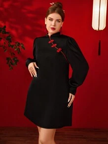 SHEIN Unity Plus Size Solid Color Splice Stand Collar Long Sleeve Short Elegant Dress - Black - View 3