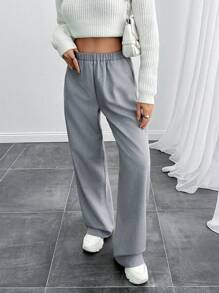 EURMUSE 女款纯色开衩细缝长裤 - 灰色 - 查看 6