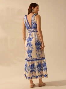 CAJUNI 女式深 V 领无袖系带休闲度假海滩长裙，波西米亚风热带花卉蓝色印花连衣裙，夏季 - 藍白色 - 查看 2