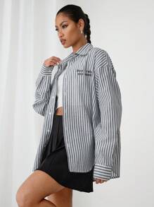 Manfinity VCAY 男女通用宽松字母图案印花长袖休闲编织条纹衬衫 - 彩色 - 查看 4