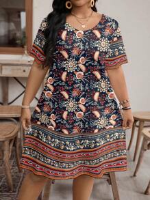EMERY ROSE Casual Vintage Floral Pattern Loose Round Neck Short Sleeve Plus Size Dress, Suitable For Summer,Beach Dress Sundress,Holiday Outfits Boho Suitable For Going Out Chic Dress,Flower/Vacation/Spring - Black - View 3