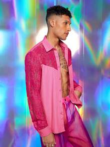 FeverCity 男士蕾丝拼布前扣长袖休闲衬衫，日常穿着 - 玫紅色 - 查看 3