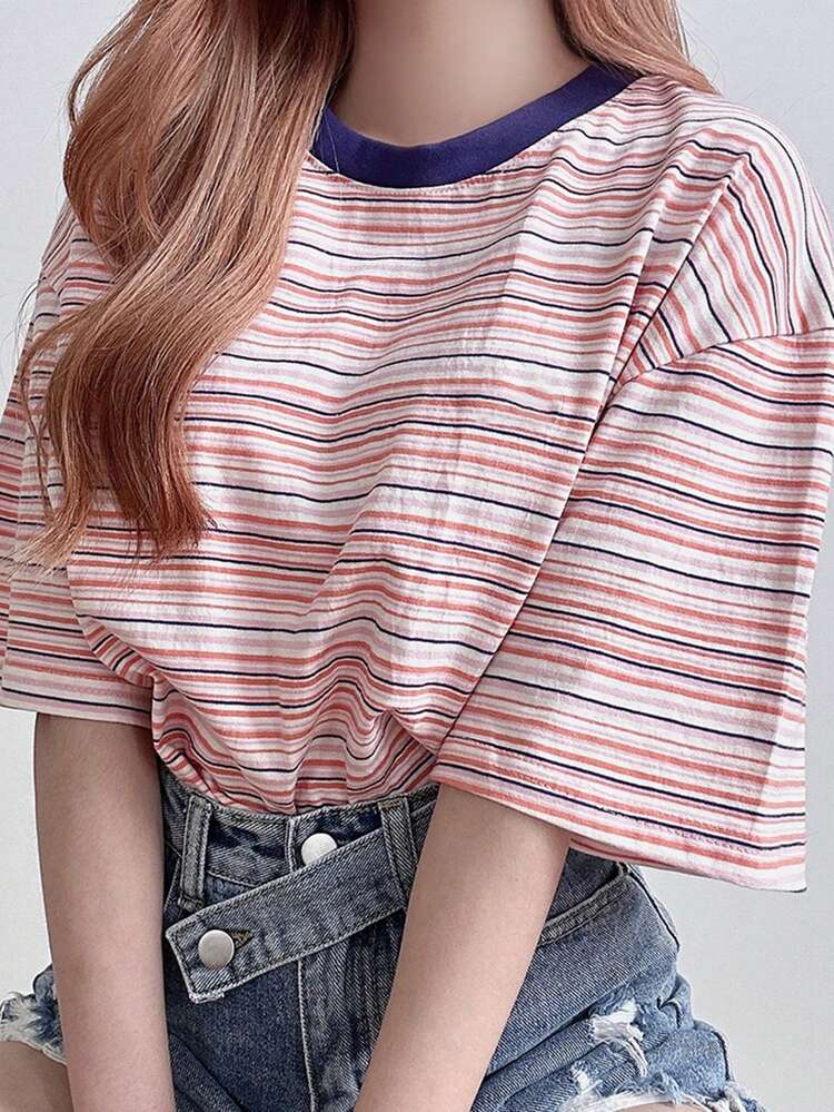 Women Contrast Color Block Round Neck Loose Striped T-Shirt, Pink, Spring/Summer Preppy Tops