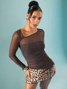 Hauture Asymmetric Long Sleeve Mesh Ruched Winter Top, Winter Clothes For Women - Brown - View 4