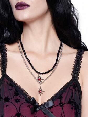 Goth 2pcs Y2K Goth Style Black Crystal Bead + Silver Chain With Red Glass Rhinestone & Evil Eye Pendant Necklace Set, Suitable For Friends, Sisters, Holiday Gifts