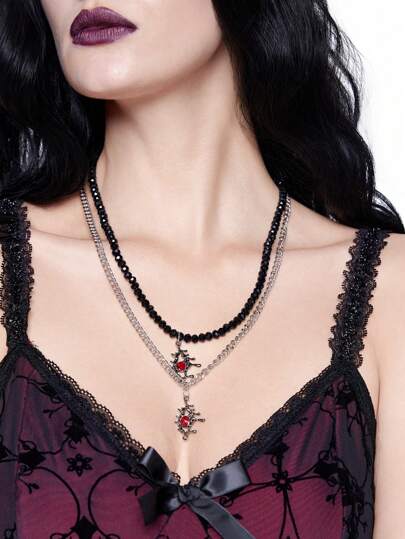 2pcs Y2K Goth Style Black Crystal Bead + Silver Chain With Red Glass Rhinestone & Evil Eye Pendant Necklace Set, Suitable For Friends, Sisters, Holiday Gifts, Halloween