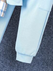 SHEIN 2 件套年轻男孩休闲格子拼布连帽夹克和运动裤套装，适合秋冬季 - 藍色 - 查看 7