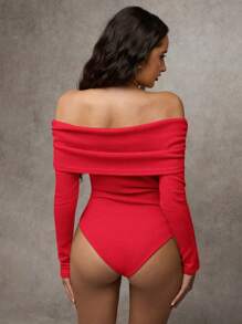 SHEIN BAE Faux Cashmere Elegant Shoulder Off Shoulder Long Sleeve Slim-Fit Thermal Bodysuit, Casual For Everyday Wear,Fall Women Outfits,Winter Women Tops - Red - View 3