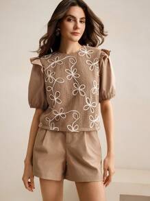 Anewsta 优雅法式泡泡袖衬衫、蕾丝和刺绣拼布衬衫，适合春夏季约会之夜