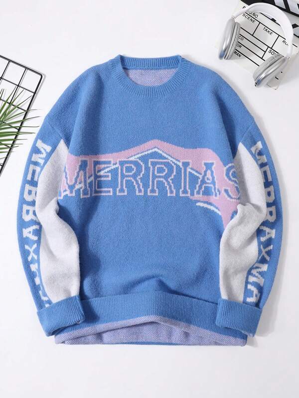Manfinity Homme Plus Size Men Contrast Color Patchwork Letter Graphic Knit Sweater, Casual For Autumn/Winter