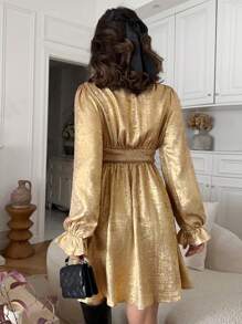 SHEIN Frenchy Vestido largo de manga larga con Body de unicolor y lazo grande en la parte delantera, vestido de fiesta de colores dorados, vestido corto, conjunto de Año Nuevo para mujer, vestido de fiesta, vestido formal, conjunto de Año Nuevo, conjunto de vacaciones, vestidos de Año Nuevo, vestido de lentejuelas, vestido con lazo