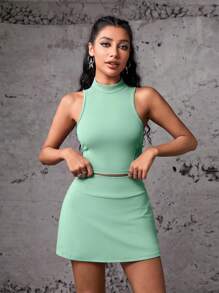 SHEIN Sport Gameset Vrouwen Effen Kleur Tank Top & Rok Shorts Set, Casual Sport Outfit Workout Vrouwen Set