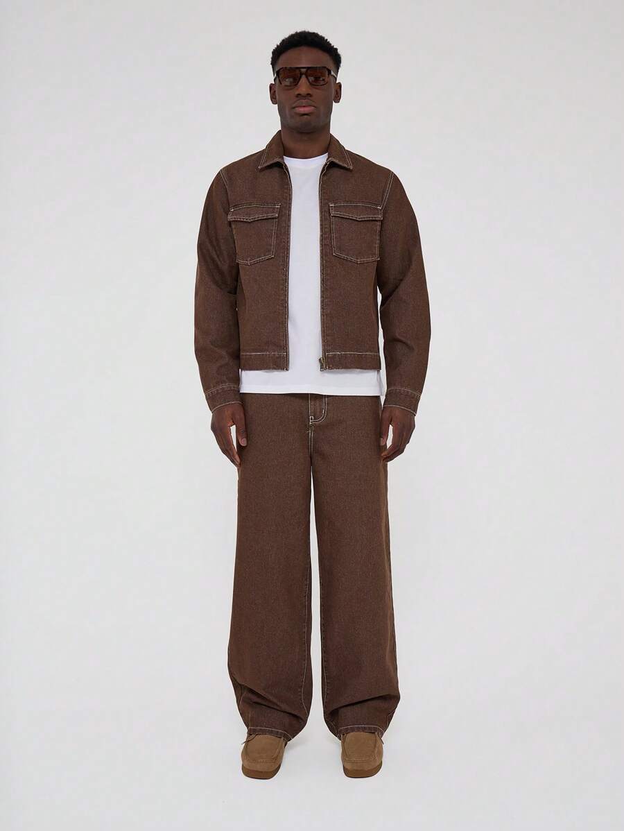 Musero Contrast Stitch Baggy Jeans - Khaki - View 1