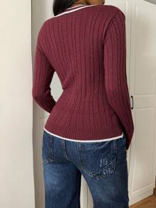 SHEIN EZwear Maglione casual da donna con scollo a V e bordi a contrasto, adatto per l`autunno/inverno