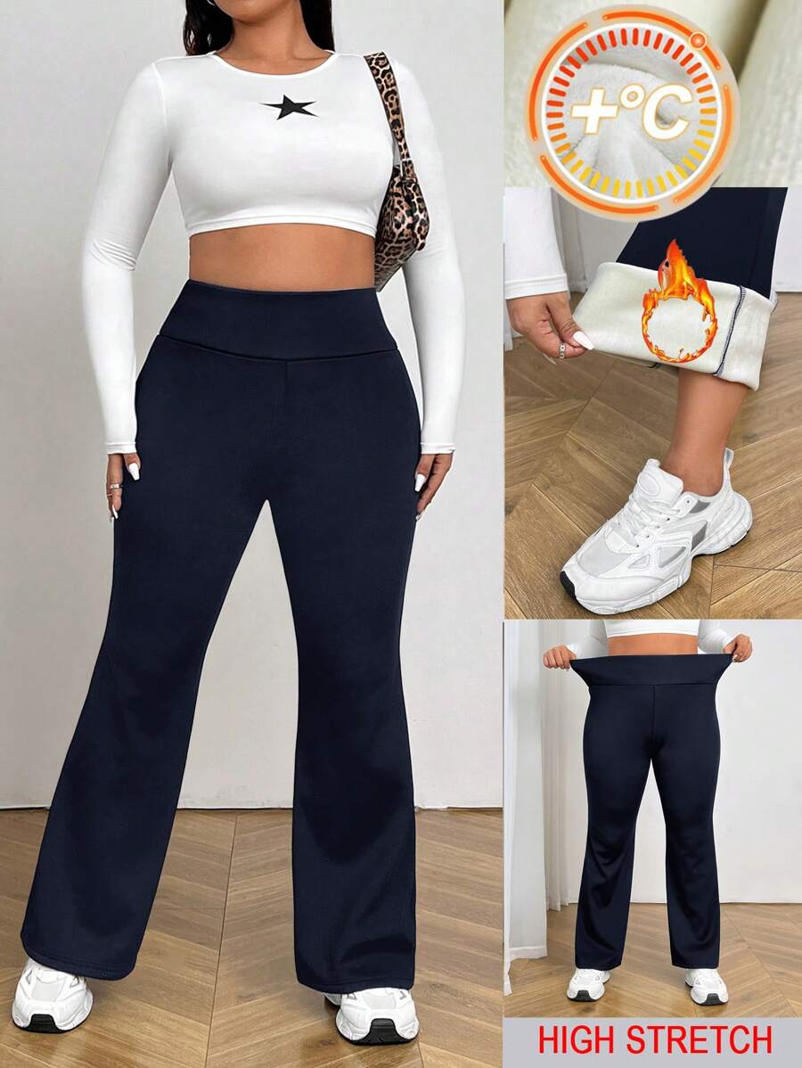 SHEIN EZwear Plus Size Women Casual Plain Fleeced Bell-Bottom Sweatpants For Autumn/Winter Thermal - Navy Blue - View 1