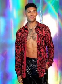 Manfinity VCAY Camisa casual de manga larga con botones delanteros y estampado, para uso diario en otoño - Rojo - Ver 7