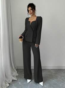 Selianne 女士纯色优雅长袖方领收腰短外套+高腰裤两件套，初秋