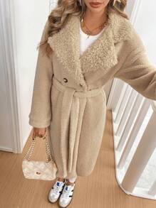 SHEIN Essnce 2024 Women's Plush Overcoat, Warm Thermal Lined, Long Style, Light Khaki Color - Khaki - View 4