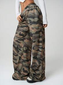 SHEIN ICON 时尚低腰迷彩印花阔腿裤 - 軍綠色 - 查看 4