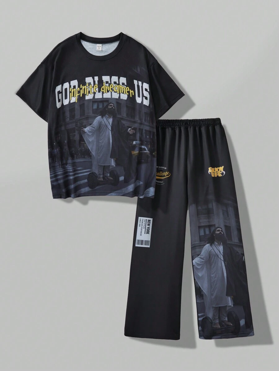 SHEIN Explorewe 2pcs/Set Teenage Boys Fashion Streetwear Figure Digital Print Round Neck Short Sleeve Tee & Casual Knit Long Pants