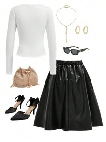 2pcs Teen Girl Elegant Minimalist Girl Teen Outfit - White Ribbed Knit Crew Neck Cropped Long Sleeve Top + Black PU Leather Mini Skirt, Suitable For Spring/Autumn Outer Wear & Winter Inner Wear - Multicolor - View 11