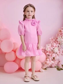 Glamorique Kids Valentine's Day Fashion Young Girls Organza Reflective Material Ruffle Collar Short Sleeve Dress, Suitable For Daily Or Special Occasions