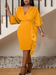 Maweii Plus Size Women Tight Stretch Knee-Length Dress, Ruffle Patchwork Waist Slimming Fitted Dress, Autumn