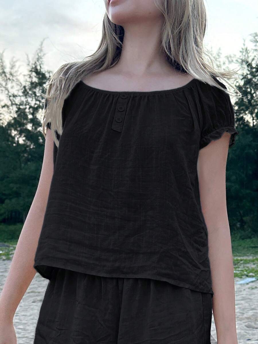 SHEIN EZwear 女式常规款纯色编织方领泡泡袖衬衫 - 黑色 - 查看 1