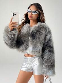 SHEIN PETITE Women Fluffy Coats - Grey - View 7