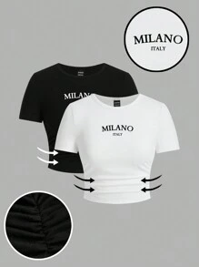 SHEIN EZwear 2 件休闲米兰意大利图案印花圆领长袖短款修身女式 T 恤，简约