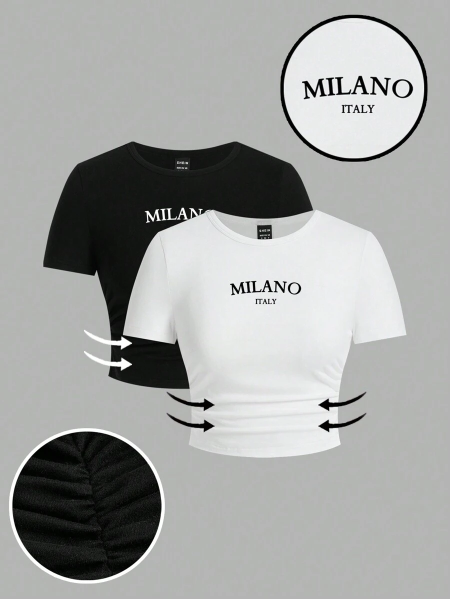 SHEIN EZwear 2 件休闲米兰意大利图案印花圆领长袖短款修身女式 T 恤，简约