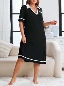 Plus Size Polo Collar Color Block Sports Casual Short Sleeve Nightgown - Black - View 6